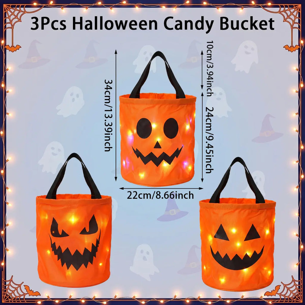 Halloween Candy Buckets with LED Lights - 3/4 Set for Trick or Treat