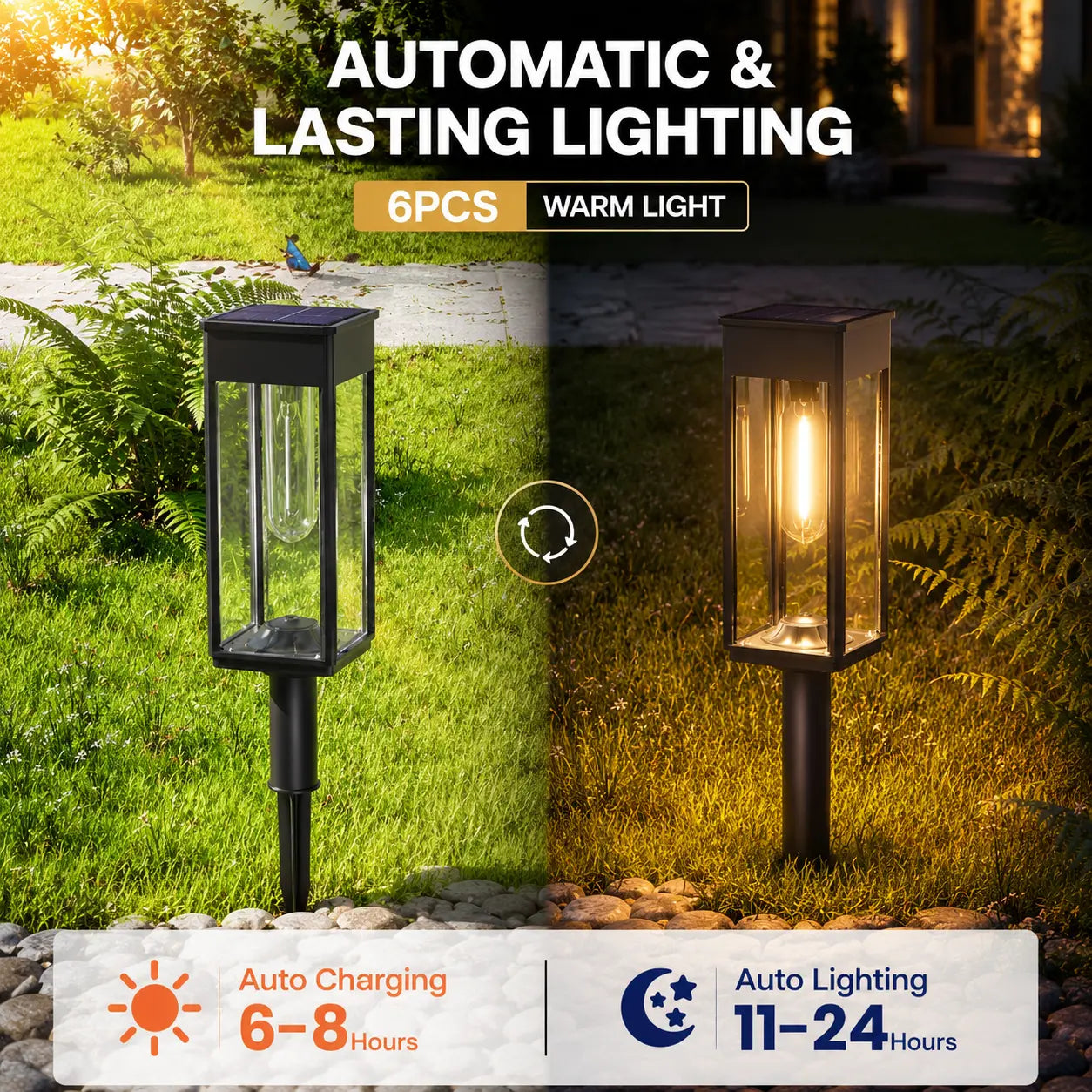 6 Pack Solar Pathway Lights Outdoor Warm White Waterproof Garden Stake Lights