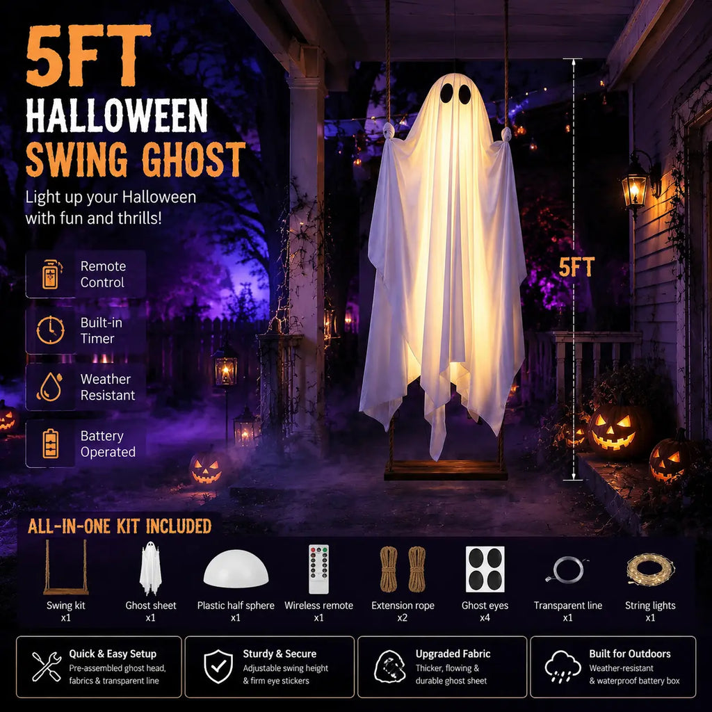 Halloween Decorations Outdoor 5FT Ghost Swing Lights