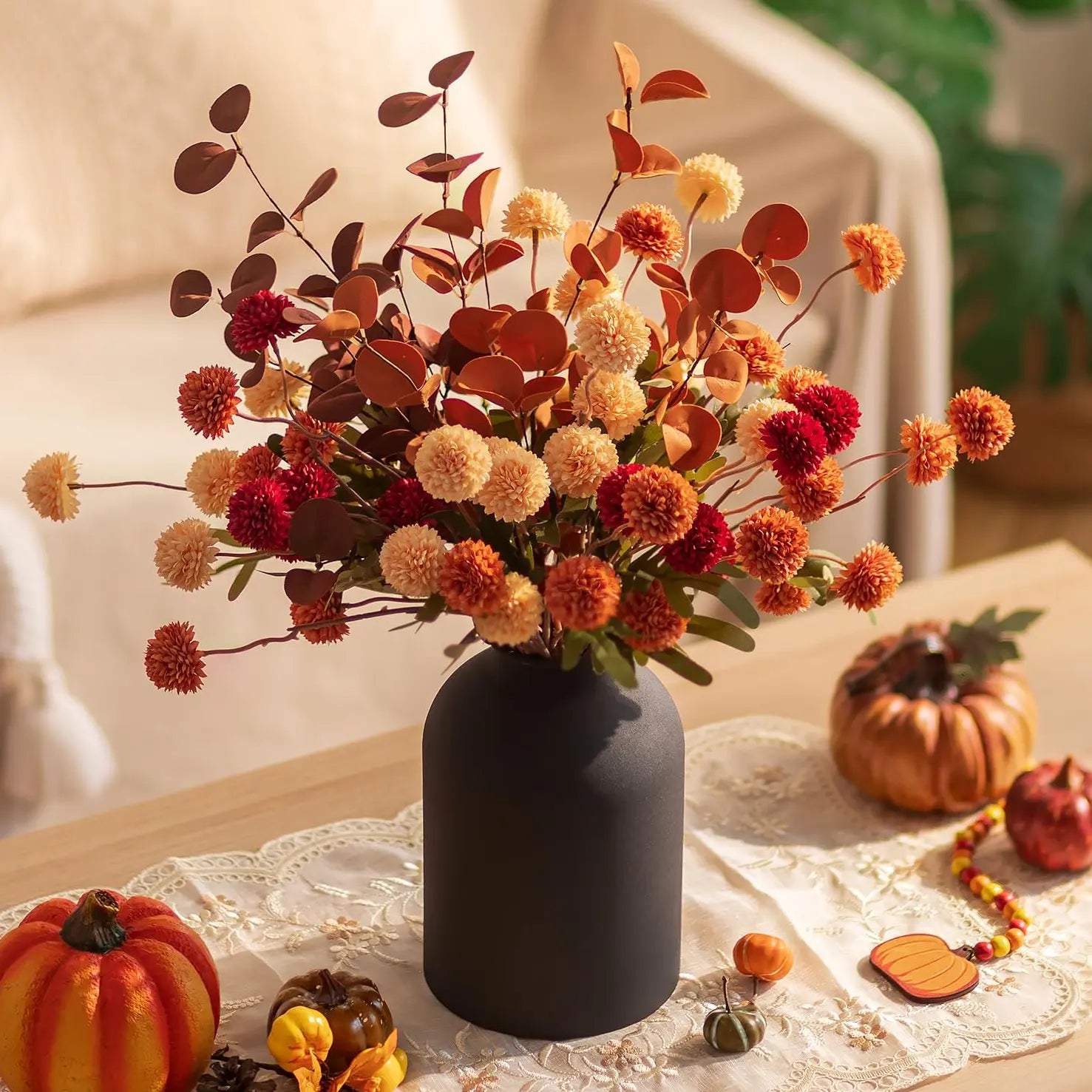 Artificial Flower Vase Centerpiece with 12 Mums & Eucalyptus